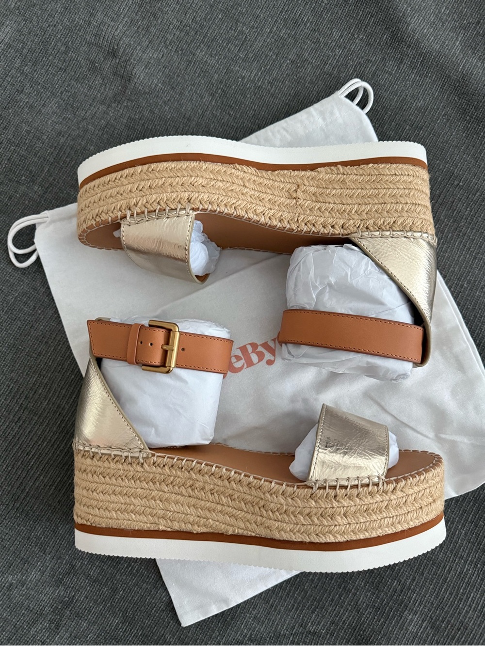 See By Chloé Metallic Gold and Tan Espadrille Wedge Sandals